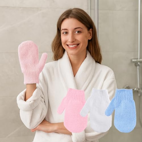 Exfoliating Gloves for Shower, 3Pcs Nylon Bath Scrub Mitts for Women, Body Cleansing Gloves Set，White & Blue & Pink - color: White&blue&pink