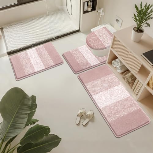 Bsmathom Bathroom Rug Set Bath Rugs Microfiber Non Slip Bathroom Set 4 Piece with Toilet Cover, Washable Absorbent Bath Mat, Pink - color: Pink, size: 18"x26"+18"x48"+U20"x24"+Cover19"x21"