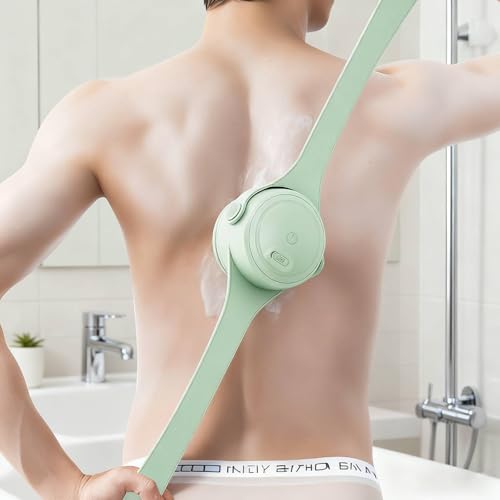 Rechargeable Electric Body & Back Scrubber Brush – Waterproof Spinning Bath Brush with Dual Long Handles & 5 Replaceable Heads for Deep Cleansing, Exfoliating & Massage