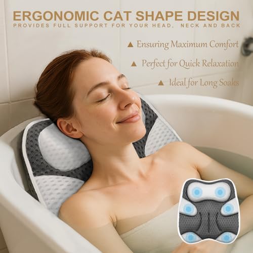 Bath Pillow for Tub Ergonomic Cat Shape Design Bath Pillow for Head and Neck Support SPA Gift Bathtub Pillow 4D Air-Mesh with 7 Suction Cups Washable Gray - size: 16''*18'' Cat Shape