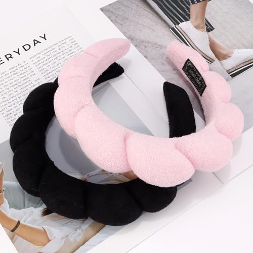 Chanaco Spa Headband and Wrist Bands for Women, Skincare HairBands Wrist Towels, Face Wash Hair Wraps Non Slip, Thick Facial Accessories for Makeup, Bath Shower Teen Girl Gifts Trendy Stuff - color: Black,Pink