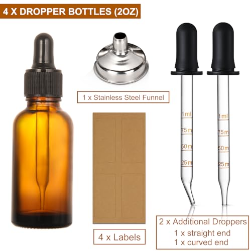 4 Pack, 2 oz Dropper Bottles with 2pcs Glass Pipettes(1ml) - Essential Oils Bottles for Health, Personal Care & Beauty - 60ml Thick Dark Amber Glass Tincture Bottle with Eye Droppers, Leakproof - color: with 2 Graduated Droppers