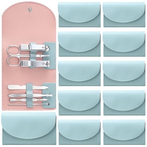 12 Set Manicure Set Bulk Mini Manicure Nail Clipper Kit 7 in 1 Stainless Steel Professional Nail Care Pedicure with Travel Portable Bag Grooming Kits for Women Men Home(Green) - color: Green