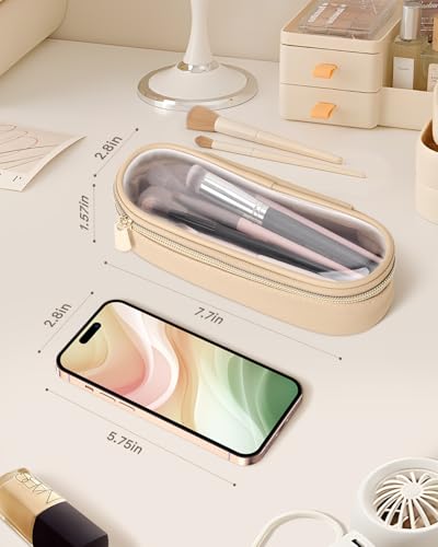 Soimeat Clear Travel Makeup Brush Holder, Leather Makeup Brush Toiletry Bag, Portable Cosmetic Brush Case, Transparent Waterproof Makeup Brush Storage Bag, Khaki - color: Khaki, size: Small