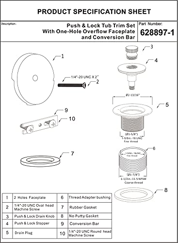 Artiwell Push & Lock Tub Trim Set with Single-Hole Overflow Faceplate, Bathtub Conversion Kit Assembly with Conversion Bar, Universal Fine/Coarse Thread, No Putty Installation (Polished Brass) - color: Polished Brass