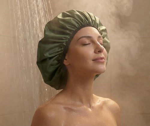 Extra Large Shower Cap for Women, Reusable Waterproof Shower Bonnet with Satin Lining, Double Layer Washable Bath Hair Cap for Braids, Locs, Long Thick Curly Hair, Natural Hair(Big Green) - color: Green