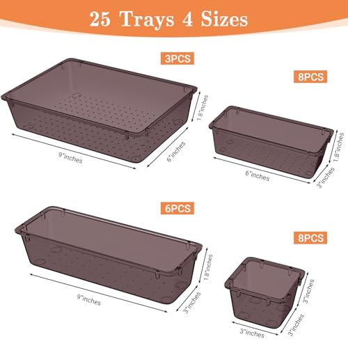 SpaceHacks 25 PCS Plastic Drawer Organizer Set, 4-Size Versatile Organizer Trays & storage Bins for Makeup, Jewelry, and Gadgets in Bathroom, Bedroom and Office,Brown - color: Brown