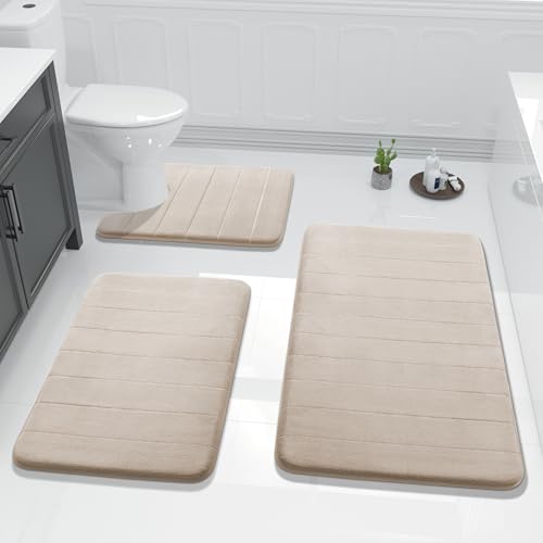 Yimobra 3 Pieces Memory Foam Bath Mat Set with U-Shaped Toilet Rug - Non Slip Super Soft Absorbent Quick Dry Bathroom Rugs for Bathtub, Vanity & Toilet Base, Beige - color: Beige, size: 44''x24'' + 31.5''x20'' + 24''x20''