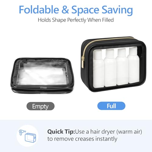 PACKISM Clear Makeup Bag Foldable - TSA Approved Toiletry Bag for Travel | Metal Zipper, Reinforced Seam, Water Resistant, Medium for Carry-on, Large for Checked Luggage, for Car Storage Organizer - color: 2 Pack Black, size: Hybrid Traveler (1 Large & 1