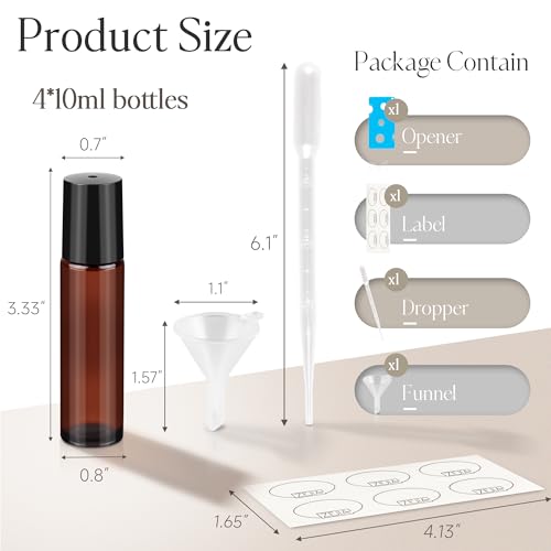 10ml Roller Bottles for Essential Oils, 4 Pack Glass Roll on Bottles, Refillable Perfume Bottle, with Stainless Steel Roller Balls, 2 Droppers, 1 Opener, Labels (Amber) - color: Brown