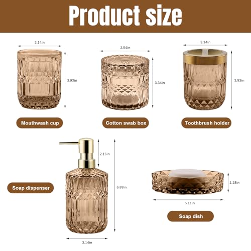 5Pcs Brown Bathroom Accessories Set, Glass Bathroom Accessories, Vintage Bathroom Countertop Decoration Includes Soap Dispenser, Toothbrush Holder, Qtip Holder,Soap Dish and Rinsing Cup - color: Brown, size: 5 Pcs