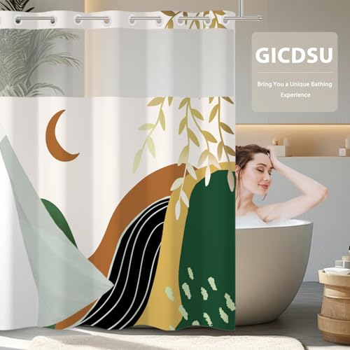 No Hook Shower Curtain Mid Century Boho with Snap in Liner, Hotel Grade Abstract Modern Shower Curtains Set for Bathroom, Spa Like Bath Curtain, Yellow, 59" W x 79" L - color: 01 Mid Century - Yellow, size: 59"W x 79"L (Pack of 1)