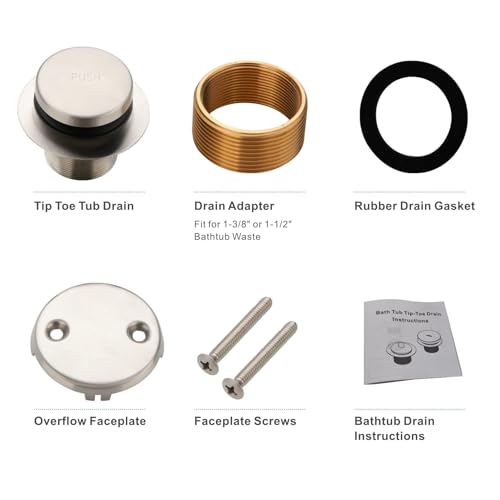 Brushed Nickel Tub Drain Tip-Toe Tub Trim Set Conversion Kit Assembly, Hidrop Bathtub Drain Replacement Trim Kit with 2-Hole Overflow Faceplate and Universal Fine/Coarse Thread, Brushed Nickel - color: Brushed, style: 2 Holes