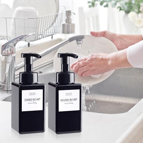 15OZ Foaming Soap Dispenser, 2-Pack Plastic Hand Soap Dispenser, Refillable Leakproof Foam Pump Bottle with Waterproof Labels, for Shampoo, Body Wash - color: Black, size: 450ML