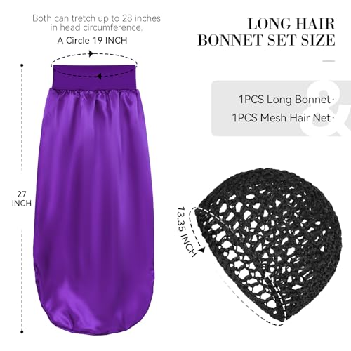 Braid Bonnet-Mesh Hair Nets for Sleeping Set Long Hair Bonnet Satin Reusable Elastic Mesh Wrap Cap for Curly, Braids Hair Anti Frizz 2 Piece Set (black net, dark purple bonnet) - color: Black Net, Dark Purple Bonnet