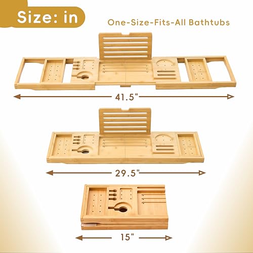 Premium Foldable Bamboo Bathtub Tray Caddy, Expandable Bath Caddy Tray with Holder, Natural Bath Shelf Over Tub, Spa Bathroom Accessories & Gifts for Home - color: Natural