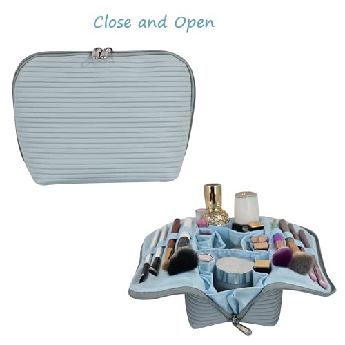 Travel Makeup Bag for Women, Waterproof Stand Up Cosmetic Bag with Brush Holders, Organizer Bag with Compartments, Fold-Down Design for Skincare, Toiletries & Essentials (Blue, Medium) - color: Blue, size: Medium