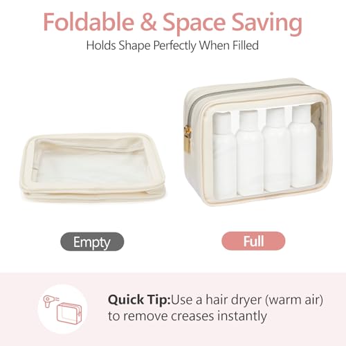 PACKISM Clear Makeup Bag Foldable - TSA Approved Toiletry Bag for Travel | Metal Zipper, Reinforced Seam, Water Resistant, Medium for Carry-on, Large for Checked Luggage, for Car Storage Organizer - color: 2 Pack Beige, size: Hybrid Traveler (1 Large & 1
