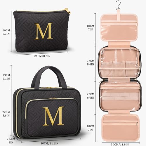 Personalized Gifts for Women, Initial Toiletry Bag Hanging Travel Organizer & Makeup Cosmetic Bag with Embroidery Letter Teacher Appreciation Gift Birthday Mothers Day Gifts for Mom Wife Friend Sister - style: M