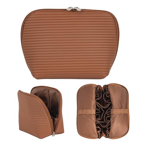 Travel Makeup Bag for Women, Waterproof Stand Up Cosmetic Bag with Brush Holders, Organizer Bag with Compartments, Fold-Down Design for Skincare, Toiletries & Essentials (Brown, Medium) - color: Brown, size: Medium