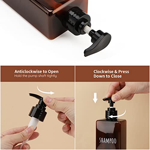 Segbeauty 16.9oz Lotion Dispenser, 3pcs Refillable Square Shampoo Bottles with Pump, 500ml Empty Plastic Bathroom Shower Bottles Liquid Soap Container Body Wash Dispenser for Home Hotel Travel Amber - color: Dark Amber, style: Black Pump
