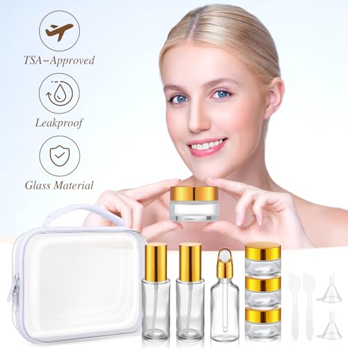 11 Pcs Glass Travel Bottles with Clear Hard Zipper Case Skin Care Containers Travel Size Mini Makeup Containers Tsa Approved with Pump Spray for Liquid Toners Serum Cream(Gold,Style 1) - color: Gold, size: Style 1
