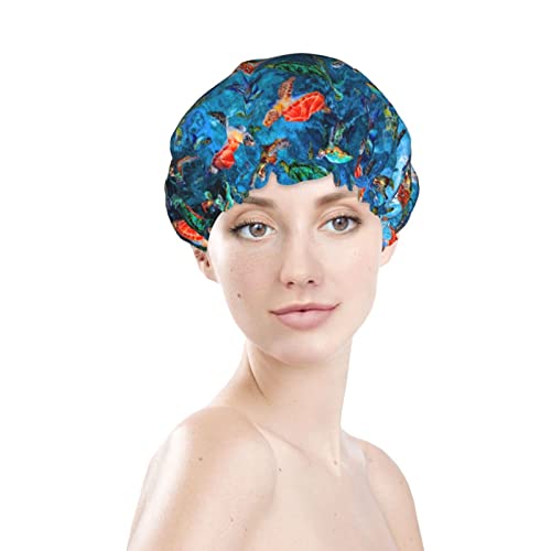 Sea Turtle Shower Cap For Women Adjustable Double Waterproof Layers Bathing Bath Cap Hair Protection Reusable Ladies Spa Salon Shower Hat - color: Sea Turtle