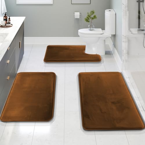 Clara Clark 3 Piece Bathroom Rugs Bath Mat Set, Velvet Memory Foam Bath Mats for Bathroom - Non-Slip, PVC Backing Bath Rugs, Washable - Dries Quickly, Brown - color: Brown, style: 17 x 24 + 20 x 32 + Contour