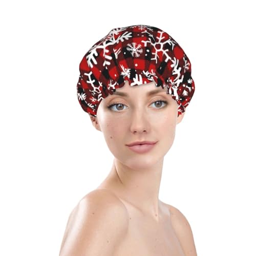 Christmas Snowflakes Shower Cap For Women Reusable Waterproof Double Layers Bath Cap Hair Protection Elastic Ladies Spa Salon Shower Hat - color: Christmas Snowflakes