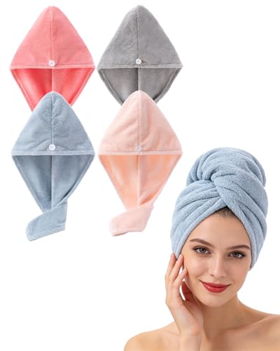 Lumimi Bath Pre Dry Hair Towel 4-Piece Set Quick Dry Extra Absorbent Lightweight Turban with Button Hair Drying Wrap Bathroom Girl Friend Family Mom Gift - color: Red+grey+pink+blue