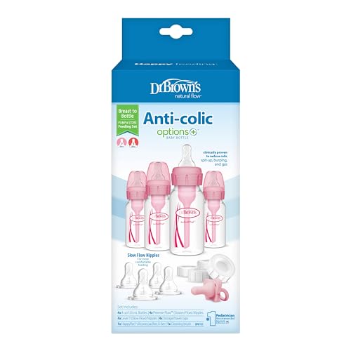 Dr. Brown's Anti-Colic Baby Feeding Set with Slow Flow Nipples, Travel Caps, Silicone Pacifier - Pink - color: Pink