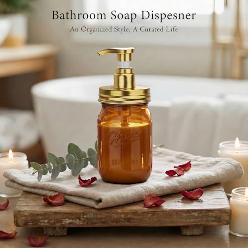 Amolliar Plastic Mason Jar Soap Dispenser with Pump Lid,16OZ Refillable Hand Soap Dispenser Set with Cute Lables - Farmhouse Decor for Kitchen Bathroom, Liquid Soap, Dish Soap, Lotion (2 Pack, Amber) - color: Amber Jar With Gold Pump