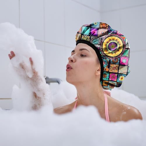 Luxury Shower Cap Terry Lined Reusable Triple Layer Waterproof Hair Elastic Caps Shower Bath Hat for Women Girls Cute Aesthetic-Mandela - color: AL9-Mandela