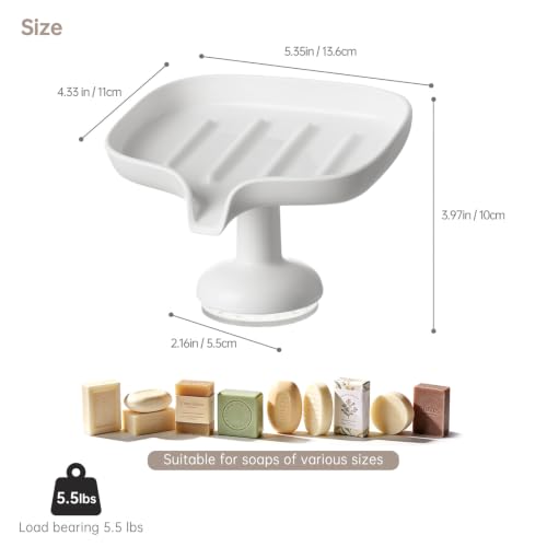 PAVSTINE Self-Draining Soap Dish with Suction Cup, Stand Bar Soap Holder, No Drill Removable Sponge Tray for Shower, Bathroom, Kitchen Sink, Easy to Clean & Keeps Dry, White
