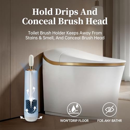 Toilet Brush and Holder Set, Luxury Toilet Brush & Sleek Stand, High-End Modern Silicone Toilet Brush Set, Non-Scratch Hygienic, Odor-Free Design - Easy to Clean (Matte Black + Gold, B) Father's Day - color: Matte Black + Gold