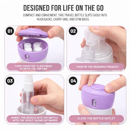 Travigo 4-in-1 Travel Dispenser Bottle, TSA Approved, Leak Proof, Four Reusable 1.4 oz. (40 mL) Toiletry Containers for Shampoo, Conditioner, Soap, Lotion, Skincare (Purple) - color: 1 Dispenser (Purple)