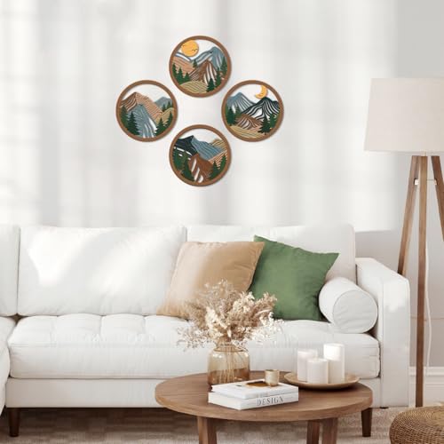 TOARTi 4Pcs Boho Mountain Wooden Wall Art,Abstract Sun Moon Pine Tree Wall Decor,Natural Mountain Landscape Artwork,Minimalist Geometric Forest Hanging Sign for Farmhouse Living Room Bedroom Office - color: 4pcs Mountain Landscape Wooden Wall Art