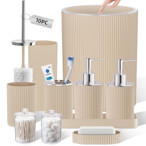 Beige Bathroom Accessories Set, 10PC Bathroom Set, Bath Accessory with Pop Up Trash Can, Soap Dispenser, Toilet Brush, Toothbrush Set Qtip Holders & Tray - color: Beige & Silver, size: 10-Piece Set (Accessories Only)