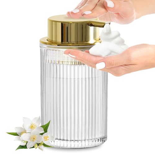 KASUNTING Foaming Soap Dispenser, 11 Fl Oz Clear Glass Foam Hand Soap Dispenser for Bathroom & Kitchen, Refillable Foaming Bottle with Gold Pump, Modern Ribbed Dish Soap Foam Dispenser - color: Clear Bottle+ Gold Pump, size: Foam-1 Pack