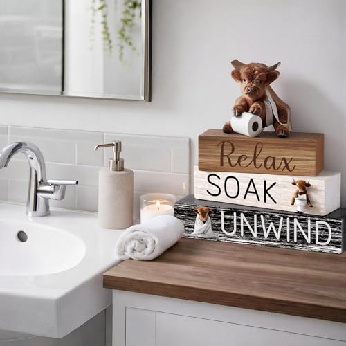 Cinnvoice 4 Pcs Highland Cow Bathroom Decor Farmhouse Bathroom Decoration Western Relax Soak Unwind Table Centerpiece Gift for Christmas Valentines Back to School - style: Relax Soak Unwind
