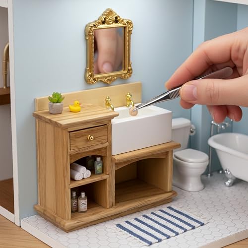 Dollhouse Sink 1/12 Scale Miniature Furniture Bathroom Mini Kitchen Sink with Cabinet Set Dolls House Wooden Accessory Doll Farmhouse Accessories