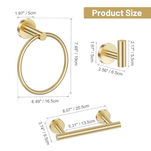 Lairuier Brushed Gold Towel Holder Set Include Double Bases Toilet Paper Holder,Towel Ring and 2 Towel Hooks Stainless Steel Wall Mounted Bathroom Hardware Accessories Set - color: Brushed Gold, size: Set B