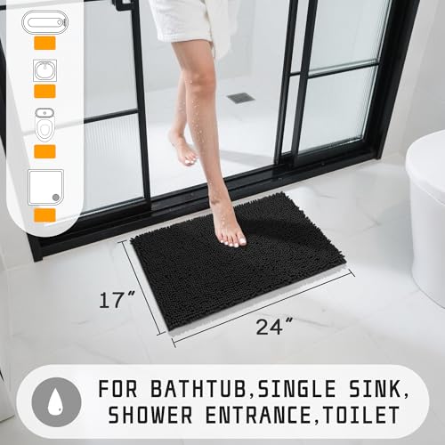 Yimobra Washable Bathroom Rugs, Super Soft & Absorbent Chenille Bath Mat for Floor & Carpet, Quick Dry Non Slip Bath Mat for Tub Shower, 24" x 17",Black - color: Black, size: 24" X 17"