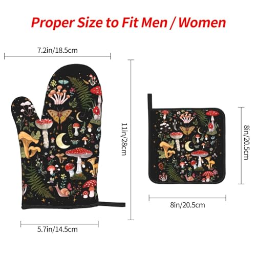 Mushroom Oven Mitts and Pot Holders Sets, Heat Resistant Black Hot Pads Witchy Oven Gloves for Cooking Grilling Baking Kitchen Decor Aesthetic, Witchy Gifts for Women,Mushroom Gifts for Women - color: Mushroom Moth