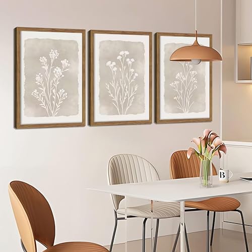 Framed Boho Botanical Flower Wall Art Set of 3, Vintage Minimalist Neutral Floral Wall Decor Paintings, Rustic Farmhouse Wildflower Artwork Prints Picture for Living Room Bedroom Bathroom 12x16 Inch - color: Gray Flowers, size: 16"L x 12"W