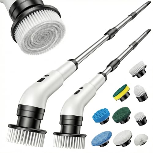 Electric Spin Scrubber, Cordless Power Scrubber for Bathroom/Shower/Tub/Tile & Grout, 9 Brush Heads, Dual-Speed, Adjustable Extension Handle, IPX7 Waterproof, USB-C Rechargeable Cleaning Tool (White)