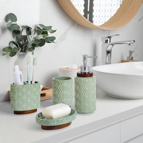 RQYIXI Elegant 5 PCS Ceramic&Wood Bathroom Accessories Set:Soap Dispenser,Toothbrush Holder,Tumbler,Soap Dish,Cotton Swab Jar,Easy to Clean,Quatrefoil Pattern,Green-Affordable Home Luxury - color: Green-5pcs