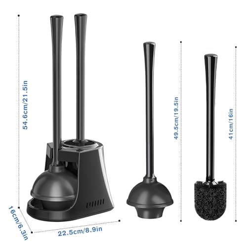LOVLOY Toilet Plunger and Brush with Holder, Bowl Brush and Heavy Duty Toilet Plunger Set with Ventilated Holder, 2-in-1 Toilet Brush and Plunger Combo for 5.3-inch Toilet Drain New Pack (Black, 1) - color: Black
