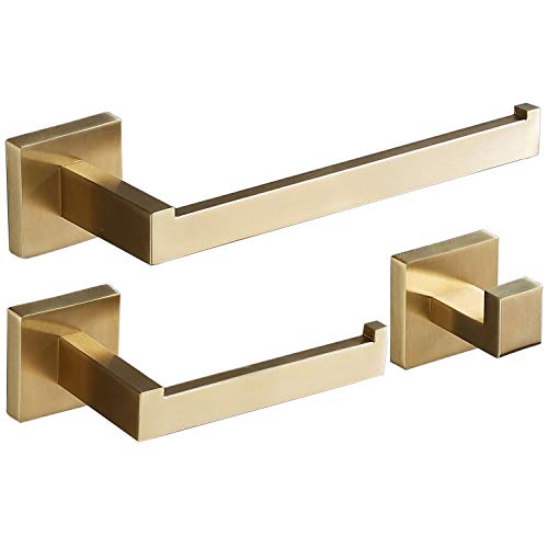 Bathroom Hardware Accessories Set Gold: Brushed Toilet Paper Holder Hand Towel Holder Towel Hook - Wall Mounted Stainless Steel 3 Pieces Towel Bar Set SHUNLI - color: 3-piece/Brushed Gold, size: 3-Piece A