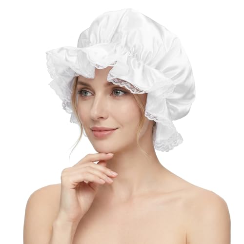 Shower Cap for Women, Reusable Waterproof Shower Cap, White Lace Trim Bath Caps for Long Curly Thick Hair, Hair Caps with Soft Elastic for Showers, Skincare, Cooking, Spa and Travel Use